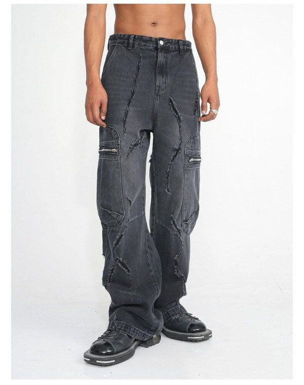 Black Large Pocket Distressed Jeans M7TZ047 - UncleDon JM