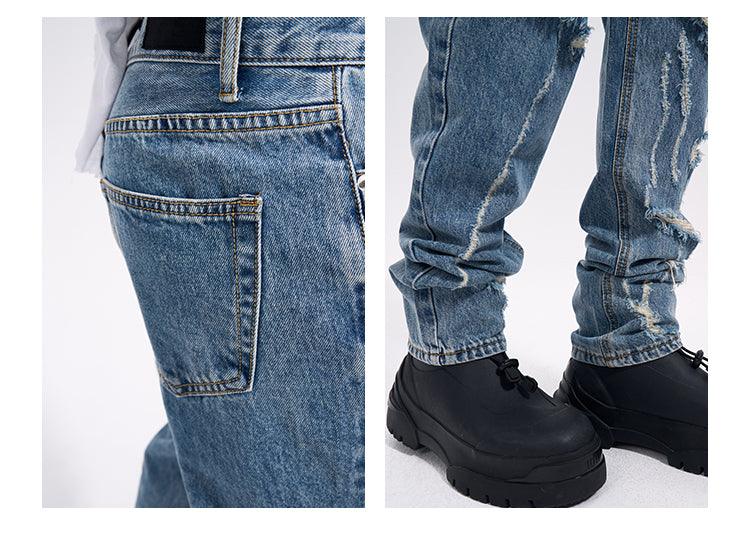 Blue Damaged Scratched Ripped Jeans Q078 - UncleDon JM